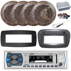 Pyle PLMRB29W Single DIN Bluetooth Marine MP3 Stereo Receiver, Spa bezel, Adapter Plate, 22" Radio Antenna, Wire, 4x 6.5" 150 Watt Max Full Range Dual Cone Waterproof Stereo Speakers (White)