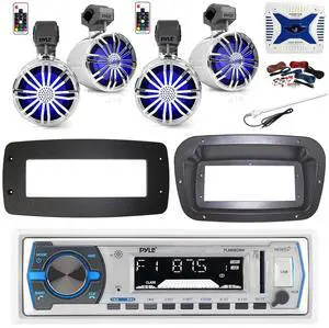 Pyle PLMRB29W Single DIN Bluetooth Marine MP3 Stereo Receiver, Spa bezel, Adapter Plate, Radio Antenna, Wire, 4x 6.5" 600 Watt Max 2-Way Full Range Waterproof Wireless RF Streaming Speakers (White)