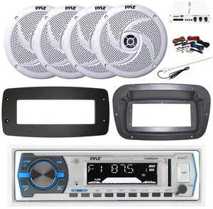 Pyle PLMRB29W Single DIN Bluetooth Marine MP3 Stereo Receiver, Spa bezel, Adapter Plate, 22" Radio Antenna, Wire, 4x 1" 120 Watt Max Waterproof Audio Tweeters w/Crossover Network (White)