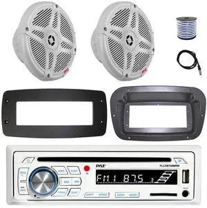Pyle PLCDBT65 Single DIN Bluetooth Marine CD Stereo Receiver, Spa bezel, Adapter Plate, 22" Radio Antenna, Wire, 2x 6.5'' 240 Watt Peak Slim Waterproof Multicolor LED Stereo Speakers (Camo)
