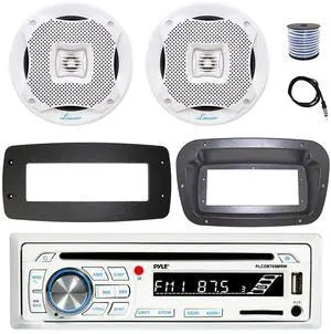Pyle PLCDBT65 Single DIN Bluetooth Marine CD Stereo Receiver, Spa bezel, Adapter Plate, 22" Radio Antenna, Wire, 2x 6.5" 450 Watt Peak 2-Way Water Resistant Boat Audio Speakers (White)