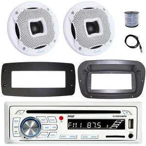 Pyle PLCDBT65 Single DIN Bluetooth Marine CD Stereo Receiver, Spa bezel, Adapter Plate, 22" Radio Antenna, Wire, 2x 6.5" 400W Max 2-Way Water Resistant Audio Speakers (White)