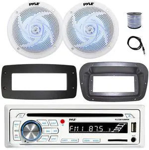 Pyle PLCDBT65 Single DIN Bluetooth Marine CD Stereo Receiver, Spa bezel, Adapter Plate, 22" Radio Antenna, Wire, 2x 6'' 240 Watt Max Power 2-Way Blue Flashing LED Audio Speakers (White)