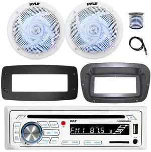 Pyle PLCDBT65 Single DIN Bluetooth Marine CD Stereo Receiver, Spa bezel, Adapter Plate, 22" Radio Antenna, Wire, 2x 6'' 240 Watt Max 2-Way Boat Audio Speakers (White)