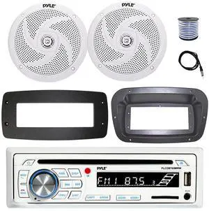 Pyle PLCDBT65 Single DIN Bluetooth Marine CD Stereo Receiver, Spa bezel, Adapter Plate, 22" Radio Antenna, Wire, 2x 1" 120 Watt Max Waterproof Audio Tweeters w/Crossover Network (White)