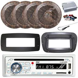 Pyle PLCDBT65 Single DIN Bluetooth Marine CD Stereo Receiver, Spa bezel, Adapter Plate, 22" Radio Antenna, Wire, 4x 6.5" 150 Watt Max Full Range Dual Cone Waterproof Stereo Speakers (White)