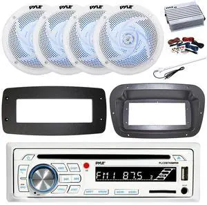 Pyle PLCDBT65 Single DIN Bluetooth Marine CD Stereo Receiver, Spa bezel, Adapter Plate, 22" Radio Antenna, Wire, 4x 6'' 240 Watt Max Power 2-Way Blue Flashing LED Audio Speakers (White)