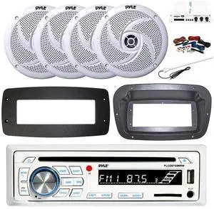 Pyle PLCDBT65 Single DIN Bluetooth Marine CD Stereo Receiver, Spa bezel, Adapter Plate, 22" Radio Antenna, Wire, 4x 1" 120 Watt Max Waterproof Audio Tweeters w/Crossover Network (White)