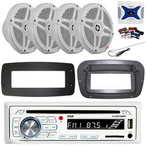Pyle PLCDBT65 Single DIN Bluetooth Marine CD Stereo Receiver, Spa bezel, Adapter Plate, 22" Radio Antenna, Wire, 4x 6.5'' 240 Watt Peak Slim Waterproof Multicolor LED Stereo Speakers (Camo)