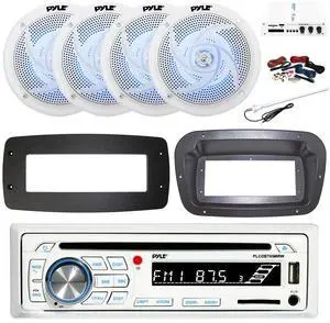 Pyle PLCDBT65 Single DIN Bluetooth Marine CD Stereo Receiver, Spa bezel, Adapter Plate, 22" Radio Antenna, Wire, 4x 6'' 240 Watt Max 2-Way Boat Audio Speakers (White)