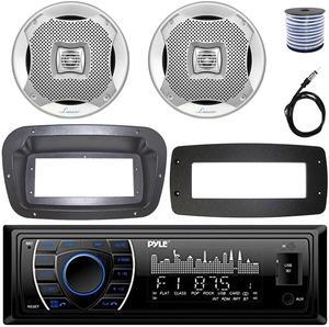 Pyle PLRMR27BTB Single-DIN Marine Bluetooth USB/AUX MP3 AM/FM Radio Stereo Receiver W/Install Kit + Adapter Plate, 2x 5.25" 400W Max Power 2-Way Boat Silver Speakers W/50 Feet 18G Wire, Radio Antenna