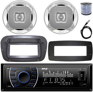 Pyle PLRMR27BTB Single-DIN Marine Bluetooth USB/AUX MP3 AM/FM Radio Stereo Receiver W/Install Kit + Adapter Plate, 2x 6.5" 400W Max Power 2-Way Water-Resistant Speakers W/50 Feet Wire, Radio Antenna