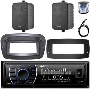 Pyle PLRMR27BTB Single-DIN Marine Bluetooth USB/AUX MP3 AM/FM Radio Stereo Receiver W/Install Kit + Adapter Plate, 2x 4" 30W Max Power 3-Way Indoor/Outdoor Black Speakers W/50 Feet Wire, Radio Antenna
