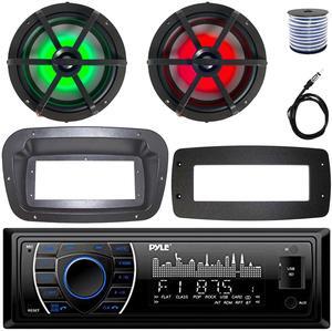 Pyle PLRMR27BTB Single-DIN Marine Bluetooth USB/AUX MP3 AM/FM Radio Stereo Receiver W/Install Kit + Adapter Plate, 2x 6.5" 120W Max Power RGB LED Coaxial Boat Speakers W/50 Feet Wire, Radio Antenna