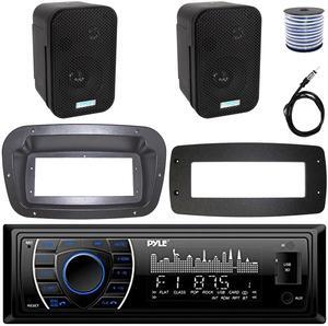 Pyle PLRMR27BTB Single-DIN Marine Bluetooth USB/AUX MP3 AM/FM Radio Stereo Receiver W/Install Kit + Adapter Plate, 2x 3.5" 300W Max Power Indoor/Outdoor Black Speakers W/50 Feet Wire, Radio Antenna