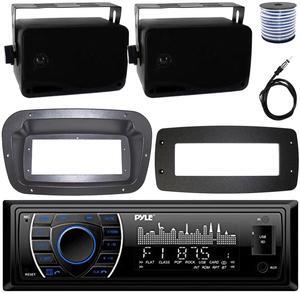 Pyle PLRMR27BTB Single-DIN Marine Bluetooth USB/AUX MP3 AM/FM Radio Stereo Receiver W/Install Kit + Adapter Plate, 2x 3.5'' 200W Max Power 3-Way Indoor/Outdoor Speakers W/50 Feet Wire, Radio Antenna
