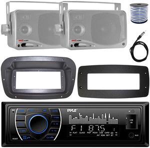 Pyle PLRMR27BTB Single-DIN Marine Bluetooth USB/AUX MP3 AM/FM Radio Stereo Receiver W/Install Kit + Adapter Plate, 2x 3.5'' 200W Max Power 3-Way Mini Box Silver Speakers W/50 Feet Wire, Radio Antenna