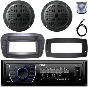 Pyle PLRMR27BTB Single-DIN Marine Bluetooth USB/AUX MP3 AM/FM Radio Stereo Receiver W/Install Kit + Adapter Plate, 2x 5.25'' 100W Max Power 2-Way Full Range Boat Black Speakers W/50 Feet Wire, Antenna