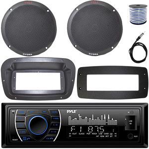 Pyle PLRMR27BTB Single-DIN Marine Bluetooth USB/AUX MP3 AM/FM Radio Stereo Receiver W/Install Kit + Adapter Plate, 2x 6.5'' 400W Max Power Dual Cone 2-Way Full Range Speakers W/50 Feet Wire, Antenna
