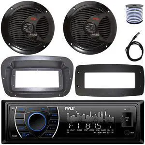 Pyle PLRMR27BTB Single-DIN Marine Bluetooth USB/AUX MP3 AM/FM Radio Stereo Receiver W/Install Kit + Adapter Plate, 2x 6.5" 150W Max Power Full Range Dual Cone Speakers W/50 Feet Wire, Radio Antenna