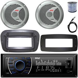 Pyle PLRMR27BTB Single-DIN Marine Bluetooth USB/AUX MP3 AM/FM Radio Stereo Receiver W/Install Kit + Adapter Plate, 2x 6.5'' 150W Max Power 2 Way Boat Silver Speakers W/50 Feet Wire, 22" Radio Antenna