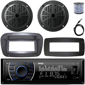 Pyle PLRMR27BTB Single-DIN Marine Bluetooth USB/AUX MP3 AM/FM Radio Stereo Receiver W/Install Kit + Adapter Plate, 2x 6.5'' 120W Max Power Dual Cone Boat Black Speakers W/50 Feet Wire, Radio Antenna