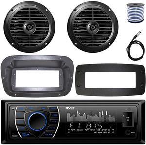 Pyle PLRMR27BTB Single-DIN Marine Bluetooth USB/AUX MP3 AM/FM Radio Stereo Receiver W/Install Kit + Adapter Plate, 2x 6.5'' 120W Max Power Dual Cone Waterproof Black Speakers W/50 Feet Wire, Antenna