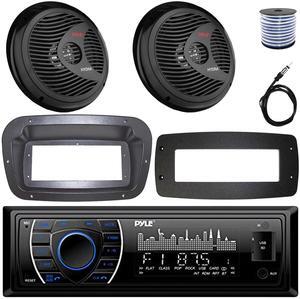 Pyle PLRMR27BTB Single-DIN Marine Bluetooth USB/AUX MP3 AM/FM Radio Stereo Receiver W/Install Kit + Adapter Plate, 2x 8'' 180W Max Power Full Range Boat Black Speakers W/50 Feet Wire, Radio Antenna