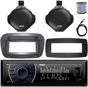 Pyle PLRMR27BTB Single-DIN Marine Bluetooth USB/AUX MP3 AM/FM Radio Stereo Receiver W/Install Kit + Adapter Plate, 2x 6.5" 200W Max Power Water Resistant Wakeboard Speakers W/50 Feet Wire, 22" Antenna