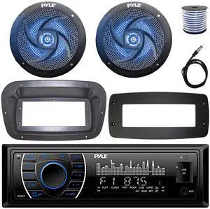 Pyle PLRMR27BTB Single-DIN Marine Bluetooth USB/AUX MP3 AM/FM Radio Stereo Receiver W/Install Kit + Adapter Plate, 2x 6'' 240W Max Power Low Profile 2-Way Blue LED Speakers W/50 Feet Wire, 22" Antenna