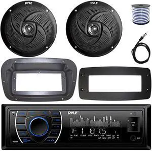 Pyle PLRMR27BTB Single-DIN Marine Bluetooth USB/AUX MP3 AM/FM Radio Stereo Receiver W/Install Kit + Adapter Plate, 2x 8'' 320W Max Power Low Profile 2-Way Boat Black Speakers W/50 Feet Wire, Antenna
