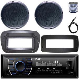 Pyle PLRMR27BTB Single-DIN Marine Bluetooth USB/AUX MP3 AM/FM Radio Stereo Receiver W/Install Kit + Adapter Plate, 2x 5.25" 20W RMS Power Polycone Audio Black Boat Speakers W/50 Feet Wire, 22" Antenna