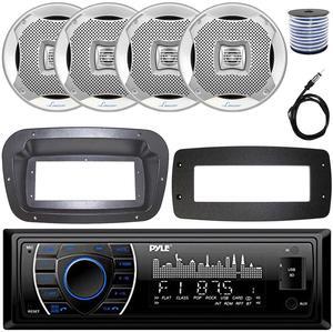 Pyle PLRMR27BTB Single-DIN Marine Bluetooth USB/AUX MP3 AM/FM Radio Stereo Receiver W/Install Kit + Adapter Plate, 4x 5.25" 400W Max Power 2-Way Boat Silver Speakers W/50 Feet 18G Wire, Radio Antenna