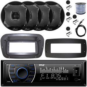 Pyle PLRMR27BTB Single-DIN Marine Bluetooth USB/AUX MP3 AM/FM Radio Stereo Receiver W/Install Kit + Adapter Plate, 4x 6.5" 450W Max Power 2-Way Component Black Speakers W/50 Feet Wire, Radio Antenna