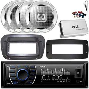 Pyle PLRMR27BTB Single-DIN Marine Bluetooth USB/AUX MP3 AM/FM Radio Stereo Receiver W/Install Kit + Adapter Plate, 4x 6.5" 400W Max Power 2-Way Boat Silver Speakers, 4-Channel Amplifier W/Kit, Antenna