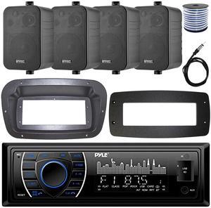 Pyle PLRMR27BTB Single-DIN Marine Bluetooth USB/AUX MP3 AM/FM Radio Stereo Receiver W/Install Kit + Adapter Plate, 4x 4" 30W Max Power 3-Way Indoor/Outdoor Black Speakers W/50 Feet Wire, Radio Antenna