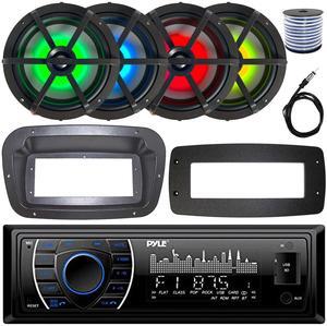 Pyle PLRMR27BTB Single-DIN Marine Bluetooth USB/AUX MP3 AM/FM Radio Stereo Receiver W/Install Kit + Adapter Plate, 4x 6.5" 120W Max Power RGB LED Coaxial Boat Speakers W/50 Feet Wire, Radio Antenna