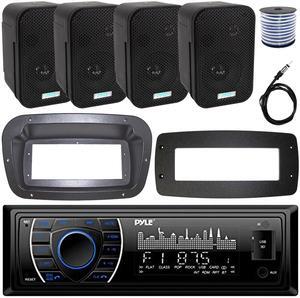 Pyle PLRMR27BTB Single-DIN Marine Bluetooth USB/AUX MP3 AM/FM Radio Stereo Receiver W/Install Kit + Adapter Plate, 4x 3.5" 300W Max Power Indoor/Outdoor Black Speakers W/50 Feet Wire, Radio Antenna