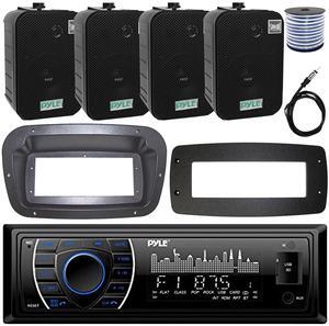 Pyle PLRMR27BTB Single-DIN Marine Bluetooth USB/AUX MP3 AM/FM Radio Stereo Receiver W/Install Kit + Adapter Plate, 4x 5.25" 400W Max Power Wall/Ceiling Home Dual Speakers W/50 Feet Wire, 22" Antenna
