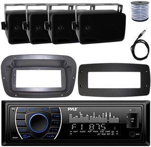 Pyle PLRMR27BTB Single-DIN Marine Bluetooth USB/AUX MP3 AM/FM Radio Stereo Receiver W/Install Kit + Adapter Plate, 4x 3.5'' 200W Max Power 3-Way Indoor/Outdoor Speakers W/50 Feet Wire, Radio Antenna