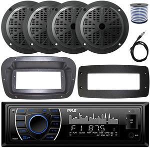 Pyle PLRMR27BTB Single-DIN Marine Bluetooth USB/AUX MP3 AM/FM Radio Stereo Receiver W/Install Kit + Adapter Plate, 4x 5.25'' 100W Max Power 2-Way Full Range Boat Black Speakers W/50 Feet Wire, Antenna