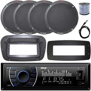 Pyle PLRMR27BTB Single-DIN Marine Bluetooth USB/AUX MP3 AM/FM Radio Stereo Receiver W/Install Kit + Adapter Plate, 4x 6.5'' 400W Max Power Dual Cone 2-Way Full Range Speakers W/50 Feet Wire, Antenna
