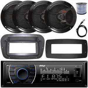 Pyle PLRMR27BTB Single-DIN Marine Bluetooth USB/AUX MP3 AM/FM Radio Stereo Receiver W/Install Kit + Adapter Plate, 4x 6.5" 150W Max Power Full Range Dual Cone Speakers W/50 Feet Wire, Radio Antenna