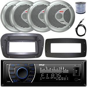 Pyle PLRMR27BTB Single-DIN Marine Bluetooth USB/AUX MP3 AM/FM Radio Stereo Receiver W/Install Kit + Adapter Plate, 4x 6.5'' 150W Max Power 2 Way Boat Silver Speakers W/50 Feet Wire, 22" Radio Antenna