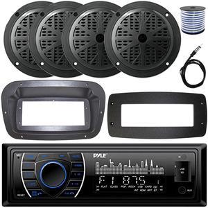 Pyle PLRMR27BTB Single-DIN Marine Bluetooth USB/AUX MP3 AM/FM Radio Stereo Receiver W/Install Kit + Adapter Plate, 4x 6.5'' 120W Max Power Dual Cone Boat Black Speakers W/50 Feet Wire, Radio Antenna