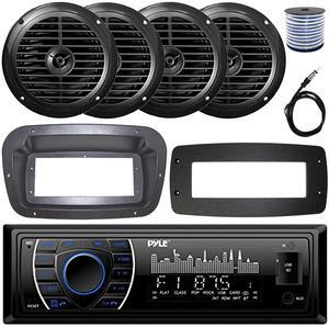 Pyle PLRMR27BTB Single-DIN Marine Bluetooth USB/AUX MP3 AM/FM Radio Stereo Receiver W/Install Kit + Adapter Plate, 4x 6.5'' 120W Max Power Dual Cone Waterproof Black Speakers W/50 Feet Wire, Antenna