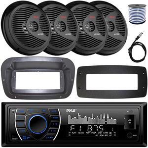 Pyle PLRMR27BTB Single-DIN Marine Bluetooth USB/AUX MP3 AM/FM Radio Stereo Receiver W/Install Kit + Adapter Plate, 4x 8'' 180W Max Power Full Range Boat Black Speakers W/50 Feet Wire, Radio Antenna