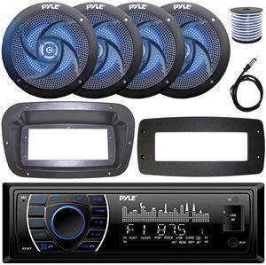 Pyle PLRMR27BTB Single-DIN Marine Bluetooth USB/AUX MP3 AM/FM Radio Stereo Receiver W/Install Kit + Adapter Plate, 4x 6'' 240W Max Power Low Profile 2-Way Blue LED Speakers W/50 Feet Wire, 22" Antenna