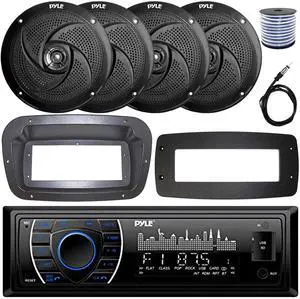 Pyle PLRMR27BTB Single-DIN Marine Bluetooth USB/AUX MP3 AM/FM Radio Stereo Receiver W/Install Kit + Adapter Plate, 4x 8'' 320W Max Power Low Profile 2-Way Boat Black Speakers W/50 Feet Wire, Antenna