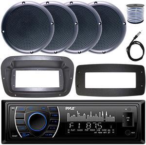 Pyle PLRMR27BTB Single-DIN Marine Bluetooth USB/AUX MP3 AM/FM Radio Stereo Receiver W/Install Kit + Adapter Plate, 4x 5.25" 20W RMS Power Polycone Audio Black Boat Speakers W/50 Feet Wire, 22" Antenna